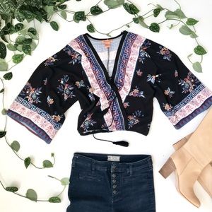 Flying Tomato Tribal Floral Wrap Top w Tassels